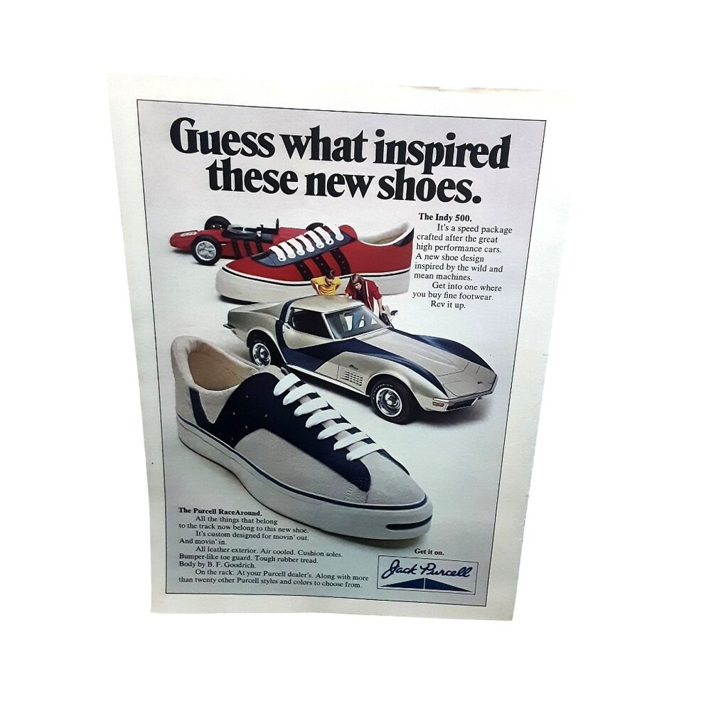 Vintage 1972 Jack Purcell RaceAround Shoes Corvette Indy 500 Print Ad